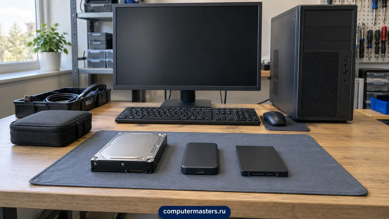 Иллюстрация накопителей на столе: внешний корпус с USB-разъёмом рядом с HDD и SSD