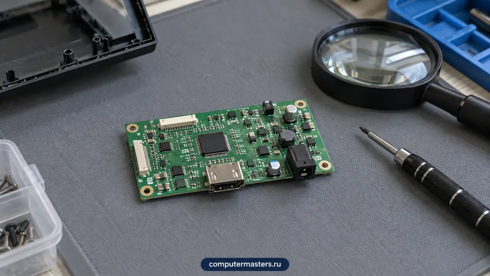 Небольшая зелёная плата управления монитора с гнездом HDMI и разъёмом питания лежит на сером коврике, рядом лупа, отвёртка и коробка с винтами