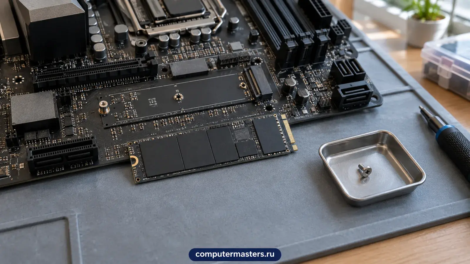 Иллюстрация съёмного SSD формата M.2 рядом с платой компьютера и крепежом