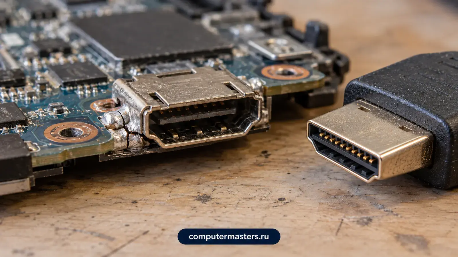 Гнездо HDMI на краю платы ноутбука с треснувшей пайкой крепёжной лапки, справа штекер видеокабеля