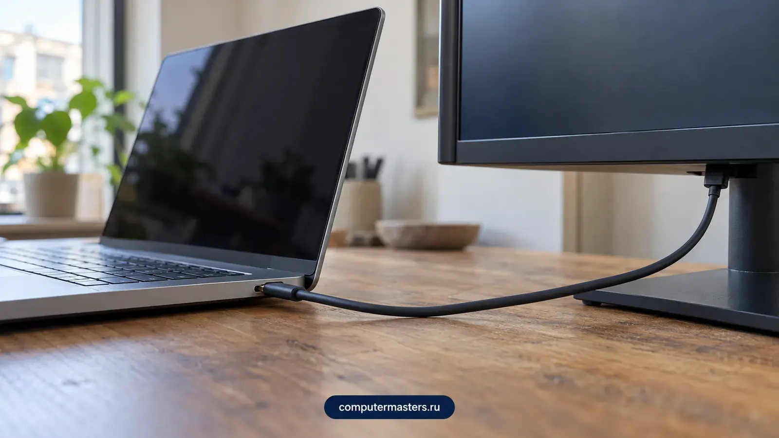 Серебристый ноутбук на деревянном столе соединён одним тонким кабелем USB-C с разъёмом под нижней кромкой тёмного монитора