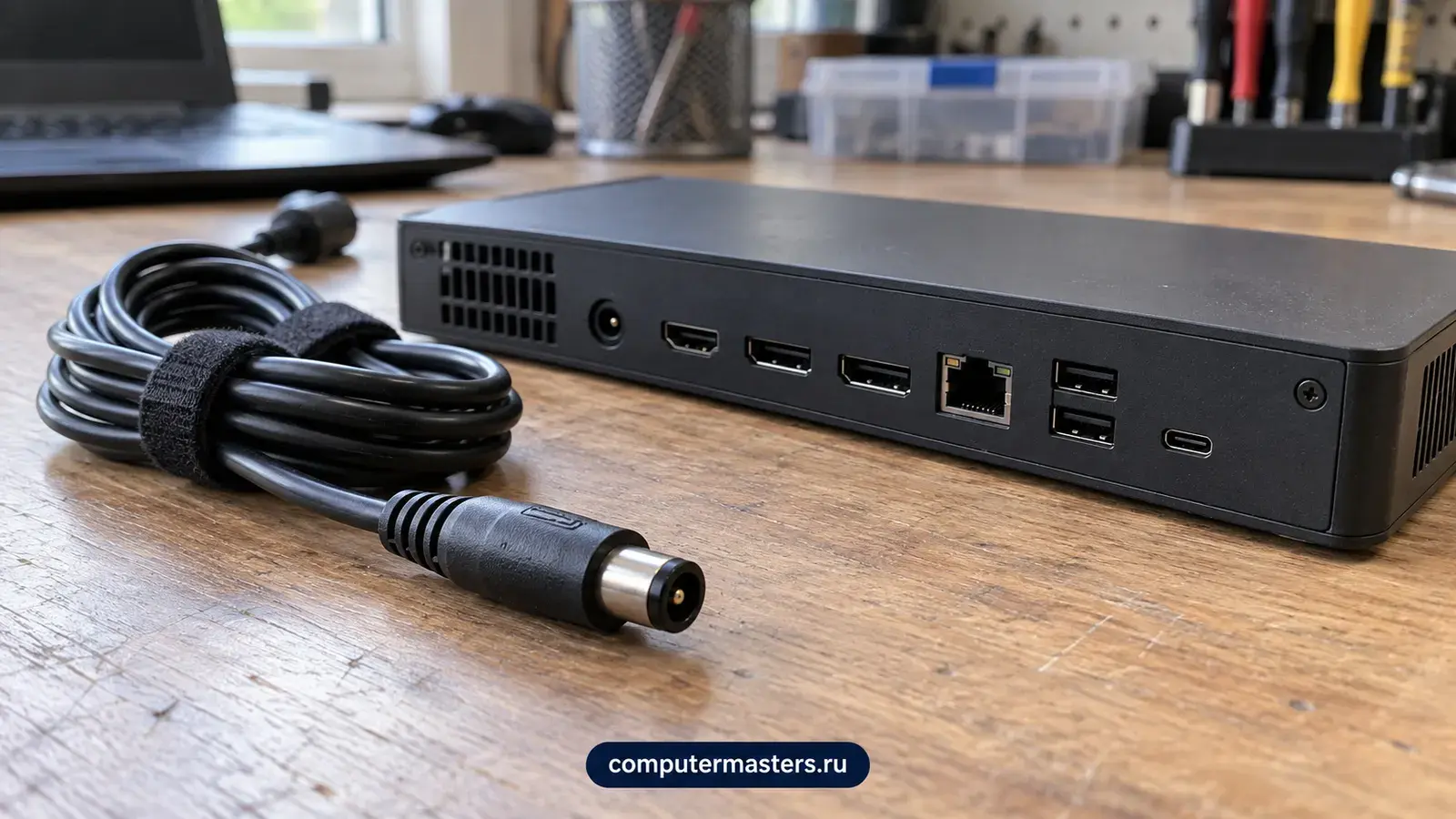 Чёрная док-станция на столе с выходами HDMI, DisplayPort, сетевым и USB, перед ней смотанный кабель питания на липучке с круглым штекером