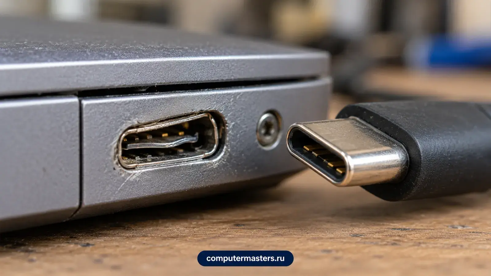 Крупный план бока серого ноутбука: гнездо Type-C с погнутым язычком и поцарапанной рамкой, рядом штекер кабеля