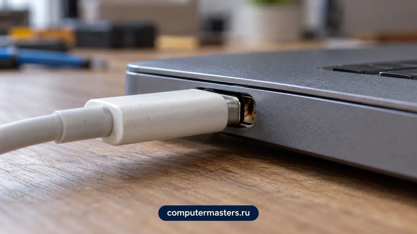 Белый штекер кабеля неплотно сидит в порту серого ноутбука, внутри гнезда видны тёмные следы нагара