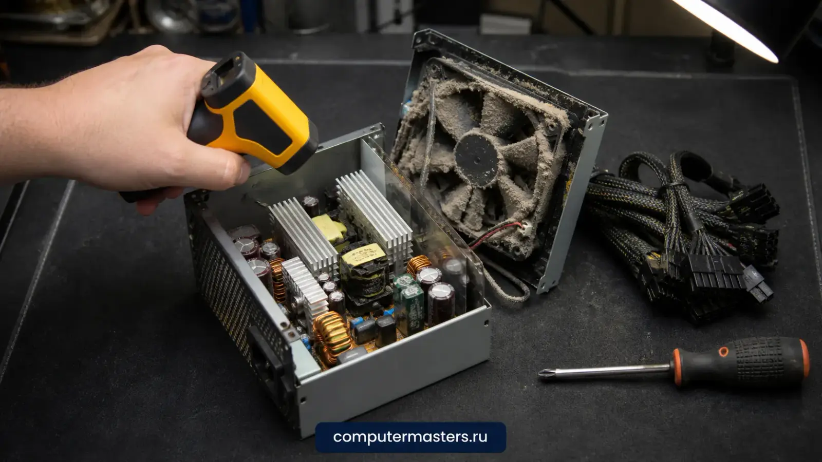 Блок питания компьютера со снятой крышкой на столе, видны вентилятор, конденсаторы и жгут кабелей питания
