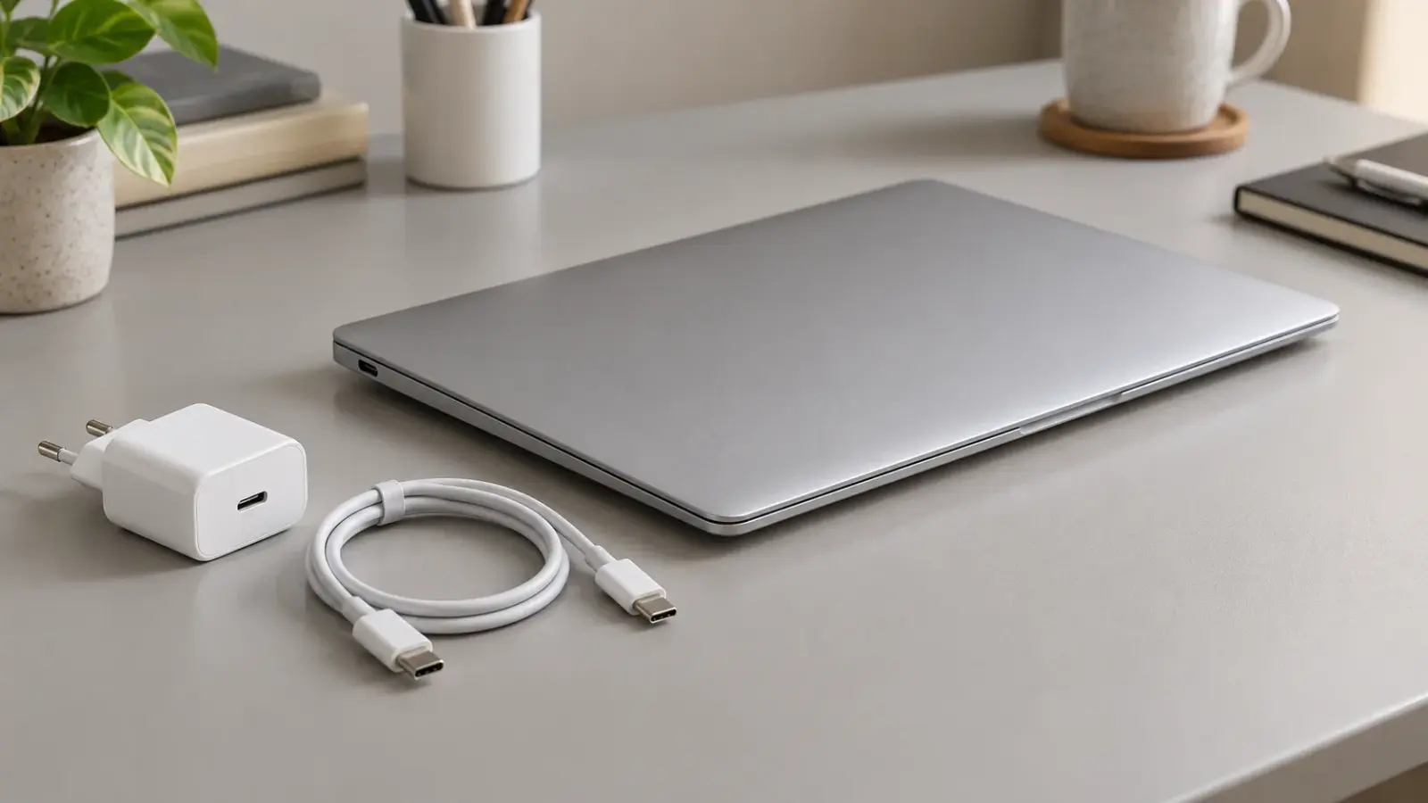 Тонкий выключенный ноутбук с отдельно лежащими адаптером и кабелем USB-C