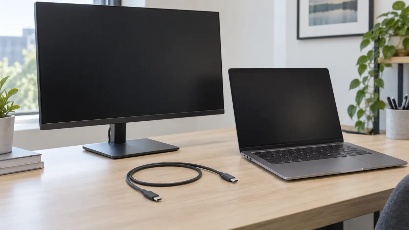 Отдельный ЖК-монитор, ноутбук и кабель USB-C с двумя видимыми отключёнными штекерами.