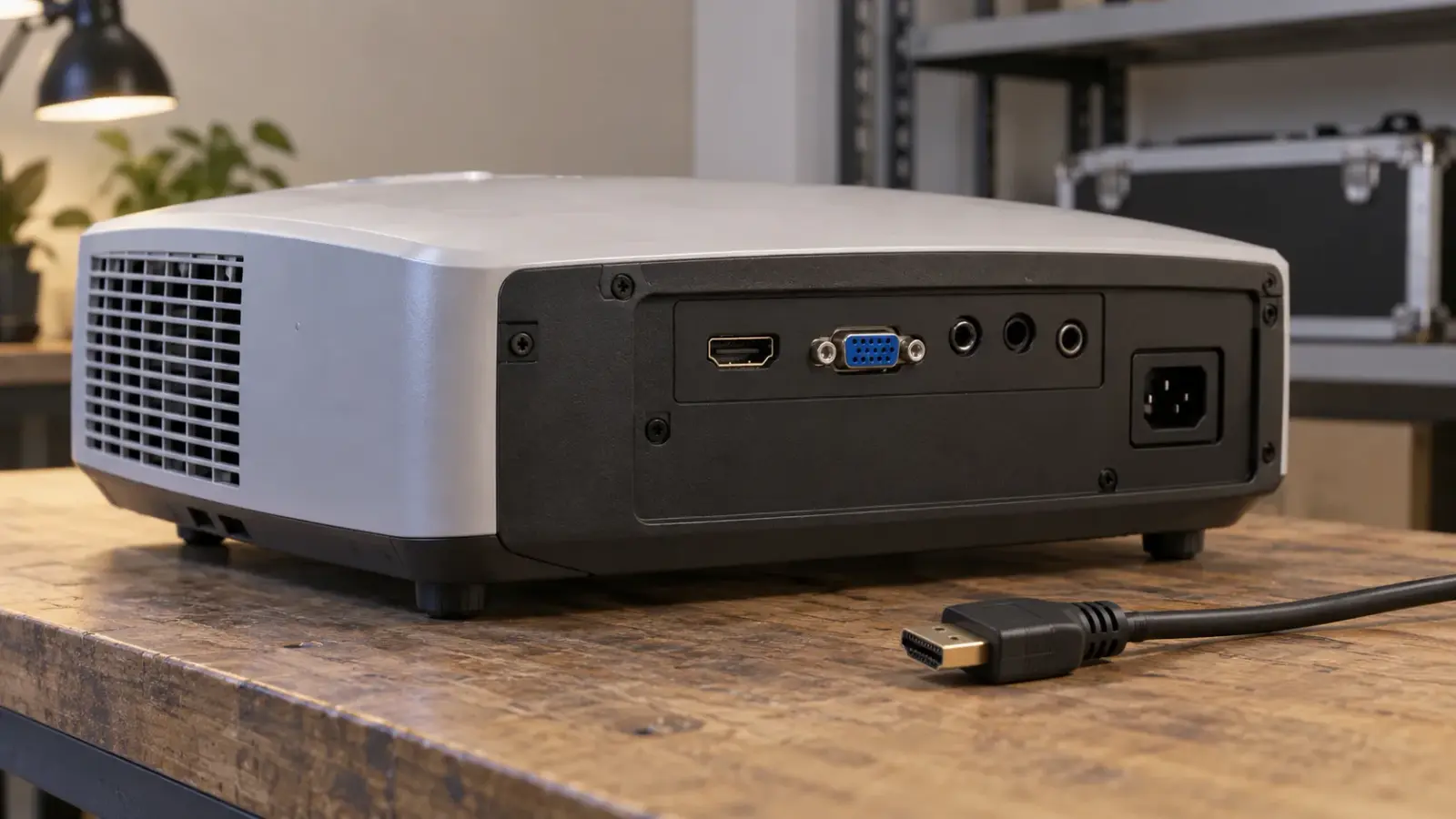 HDMI-гнездо на закрытом проекторе и отключённый видеоштекер рядом на столе.