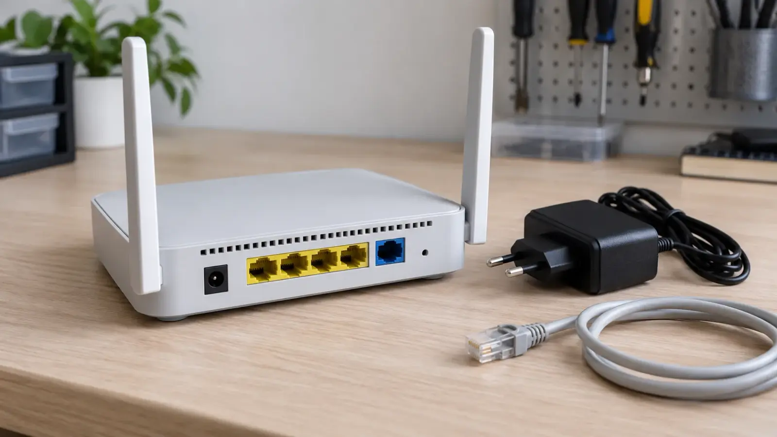 Закрытый роутер с Ethernet-портами, отдельным адаптером и отключённым сетевым кабелем.