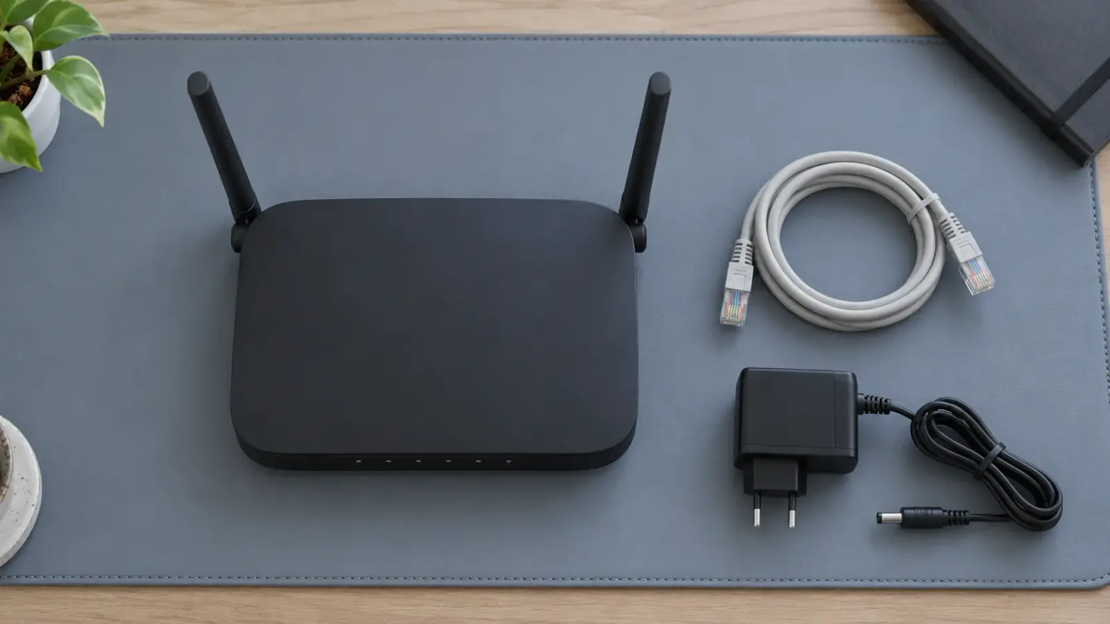 Роутер с двумя наружными антеннами, отключённым Ethernet-кабелем и отдельным адаптером.