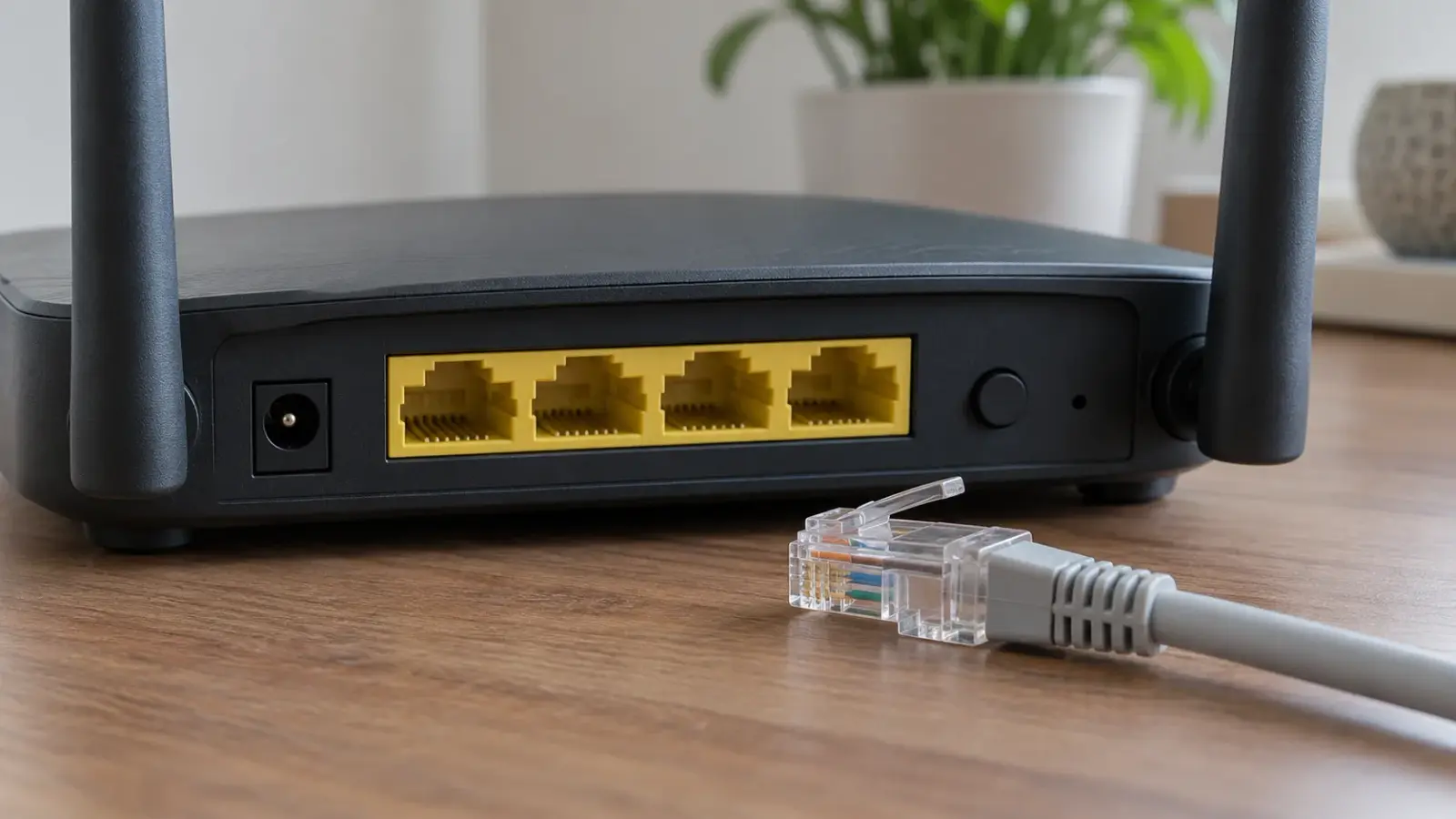 Ethernet-гнёзда закрытого роутера и отключённый штекер RJ45 с целой защёлкой.