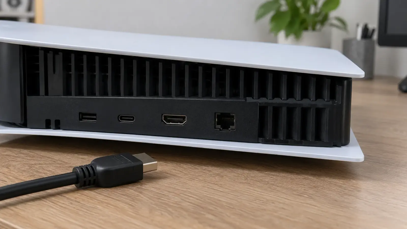 HDMI-гнездо на закрытой игровой приставке и отключённый подходящий видеоштекер рядом.