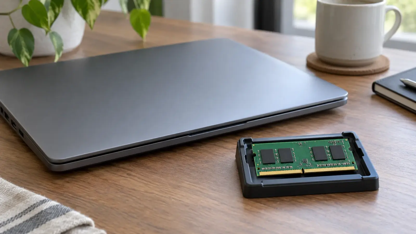 Компактный модуль SO-DIMM на защитной подставке рядом с закрытым ноутбуком.