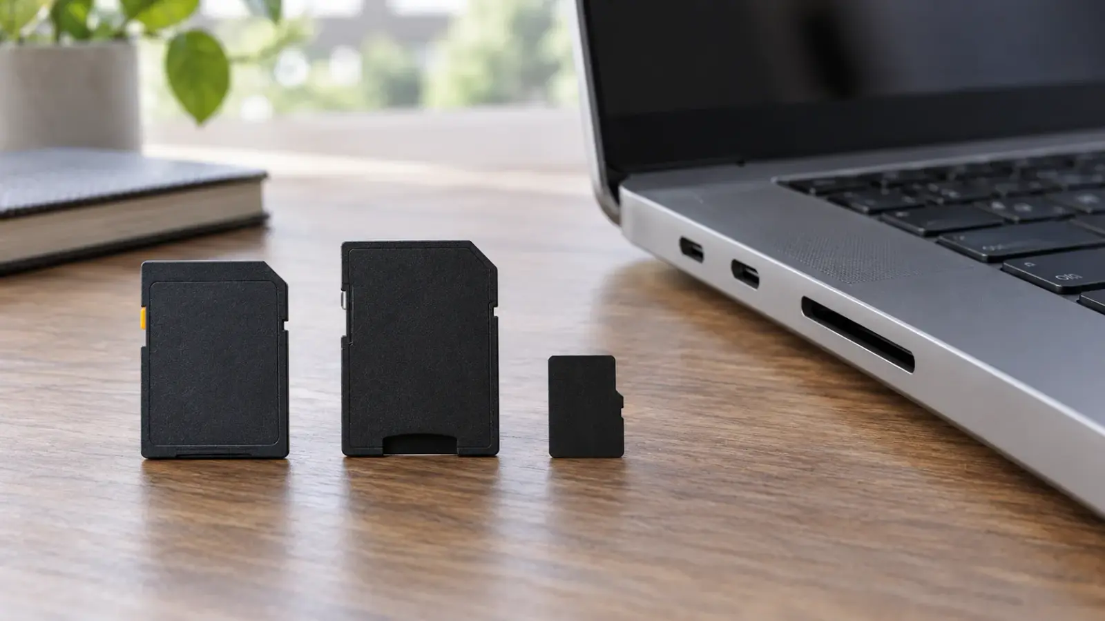 Полноразмерная SD-карта, отдельный переходник и microSD рядом с ноутбуком.