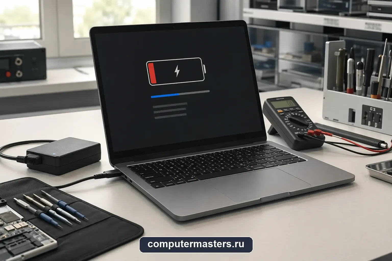 Ноутбук с подключённым блоком питания и сообщением о состоянии батареи на экране