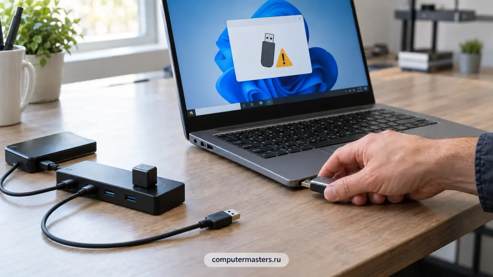 На экране ноутбука уведомление о неопознанном USB-устройстве, рука подключает флешку напрямую, рядом отключённый разветвитель