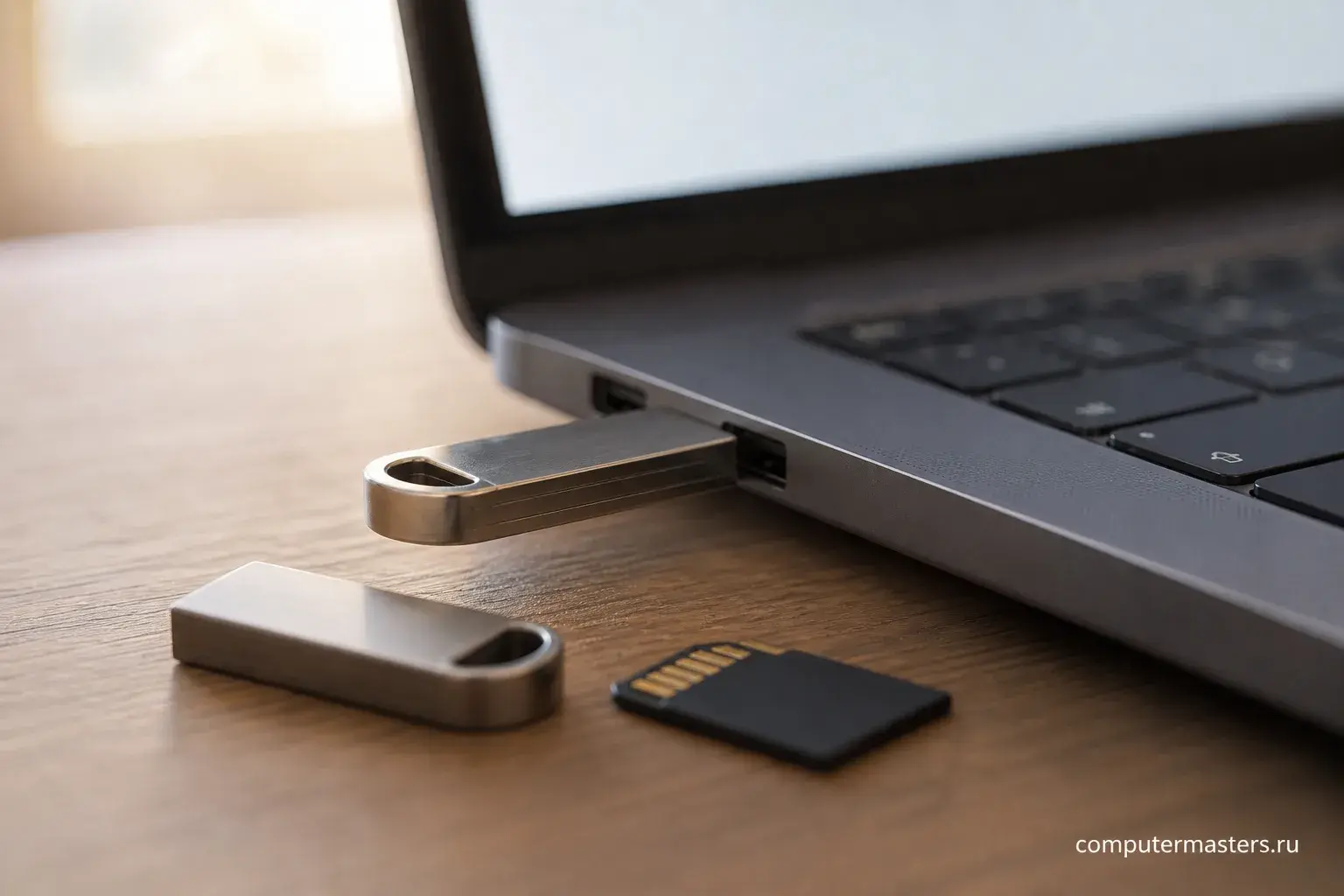 Флешка в USB-порту компьютера, на экране рядом окно с сообщением о недоступности носителя