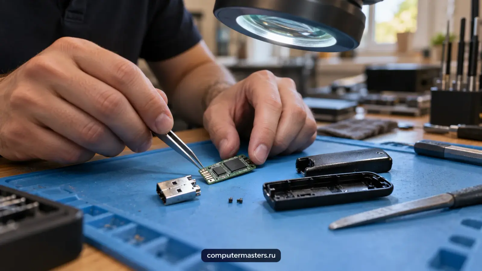 Плата USB-накопителя под увеличением, видны оторванные контакты разъёма