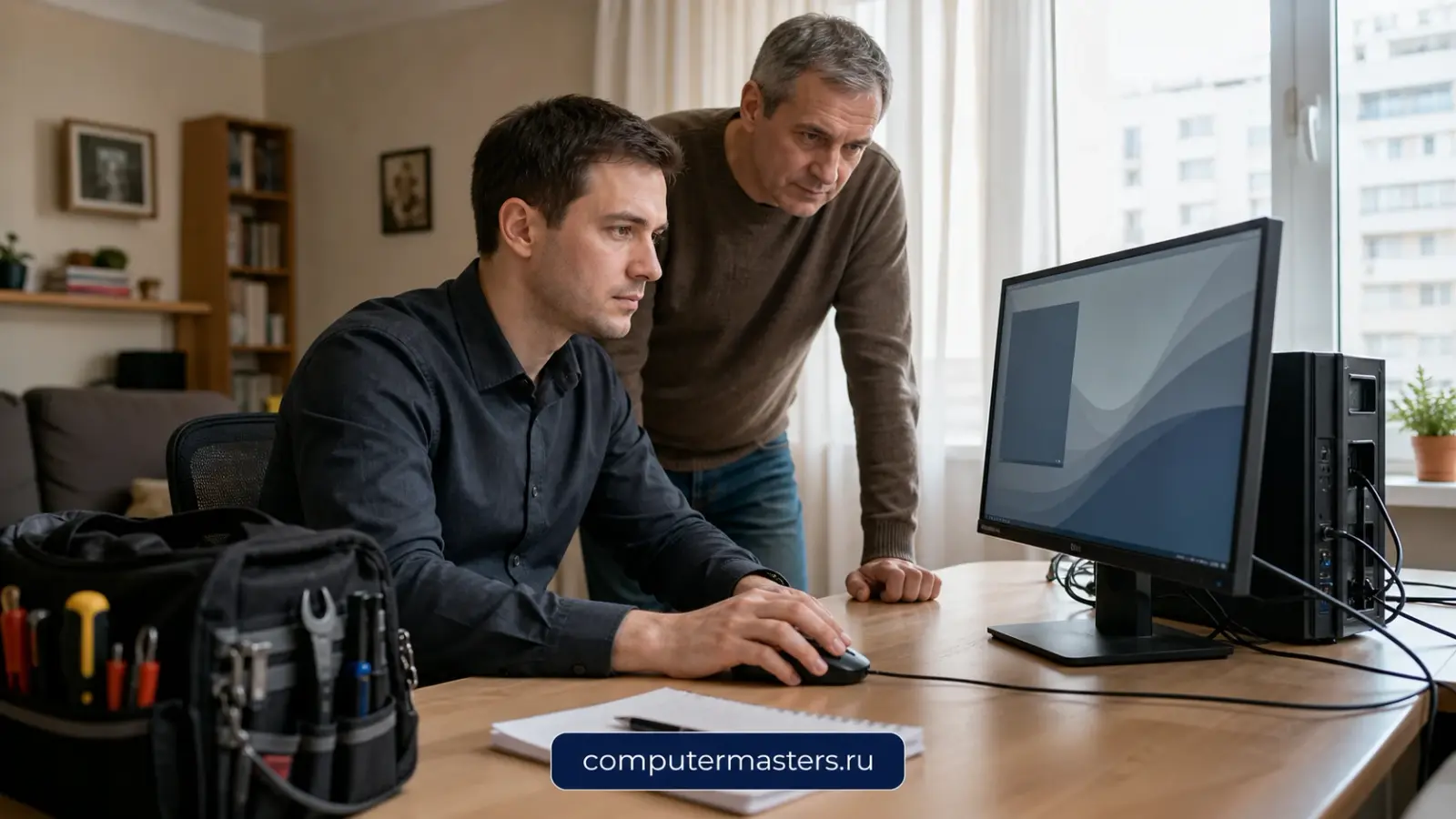 Компьютерный мастер работает с техникой дома у клиента, рядом разложен инструмент