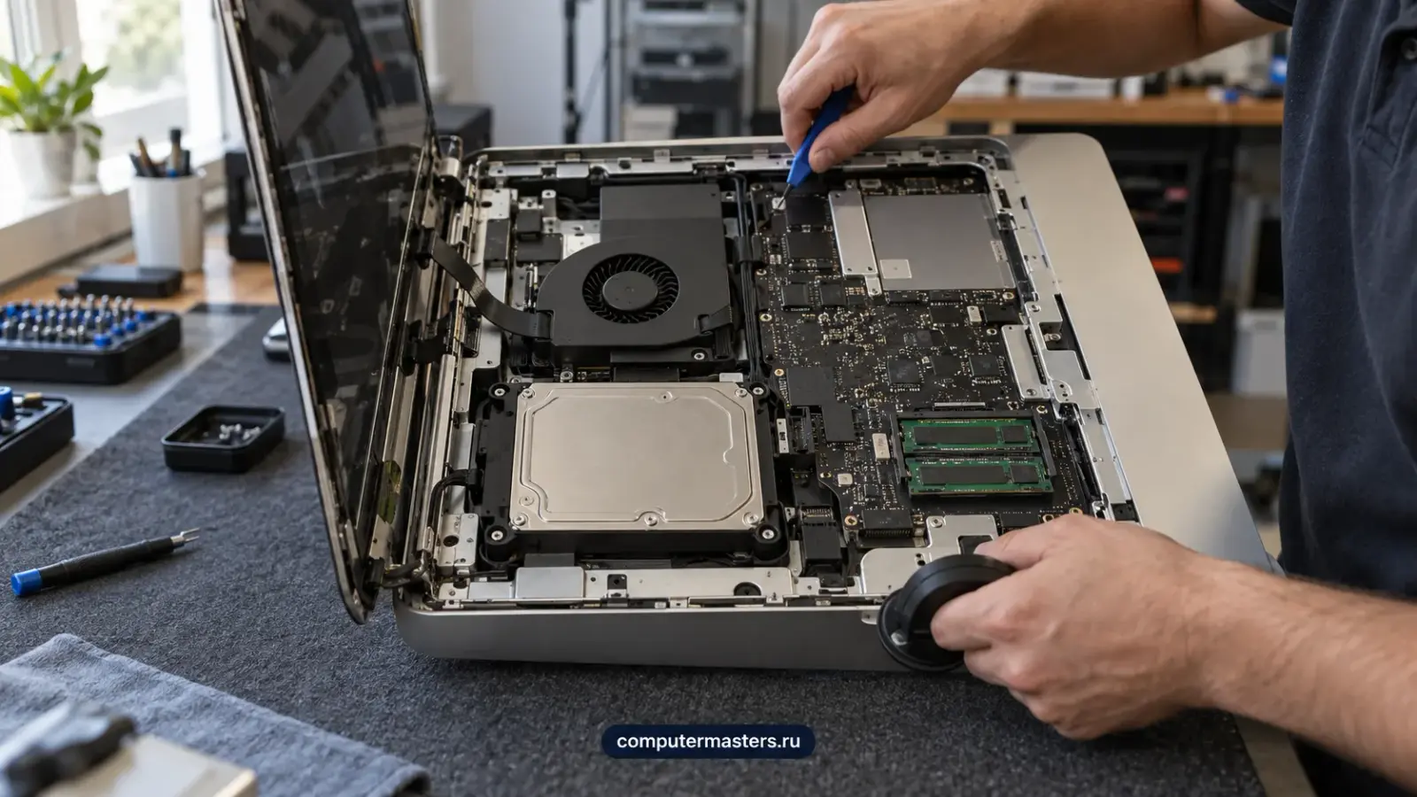 iMac с поднятой дисплейной панелью: открыты накопитель, система охлаждения и модули памяти
