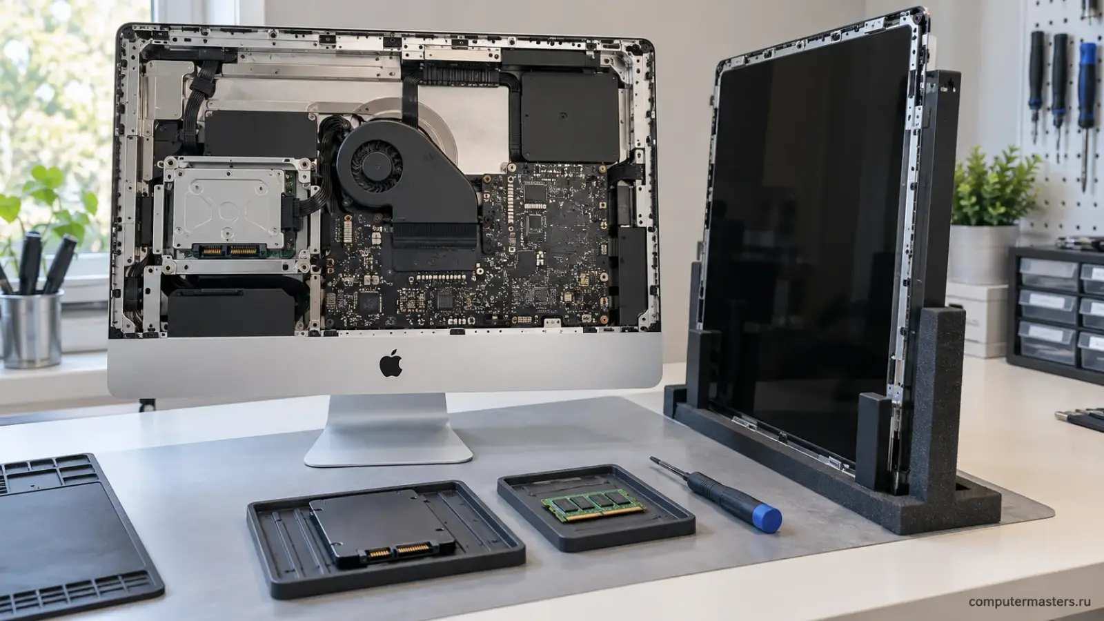 Разобранный Intel iMac, снятый дисплей на опоре и детали для апгрейда: SSD и модуль памяти