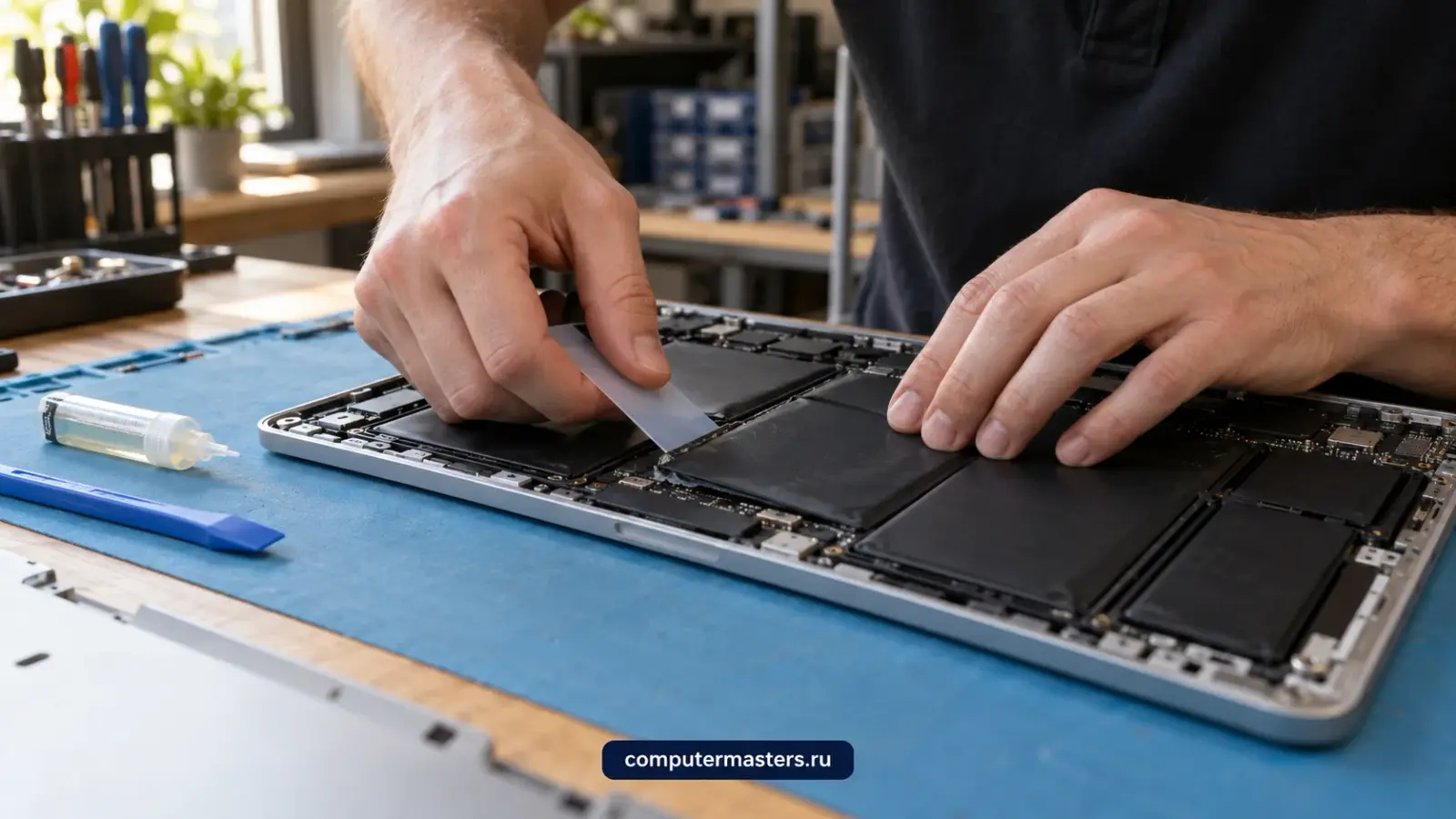 MacBook со снятой нижней крышкой на столе мастера, видны вклеенные банки аккумулятора и шлейф