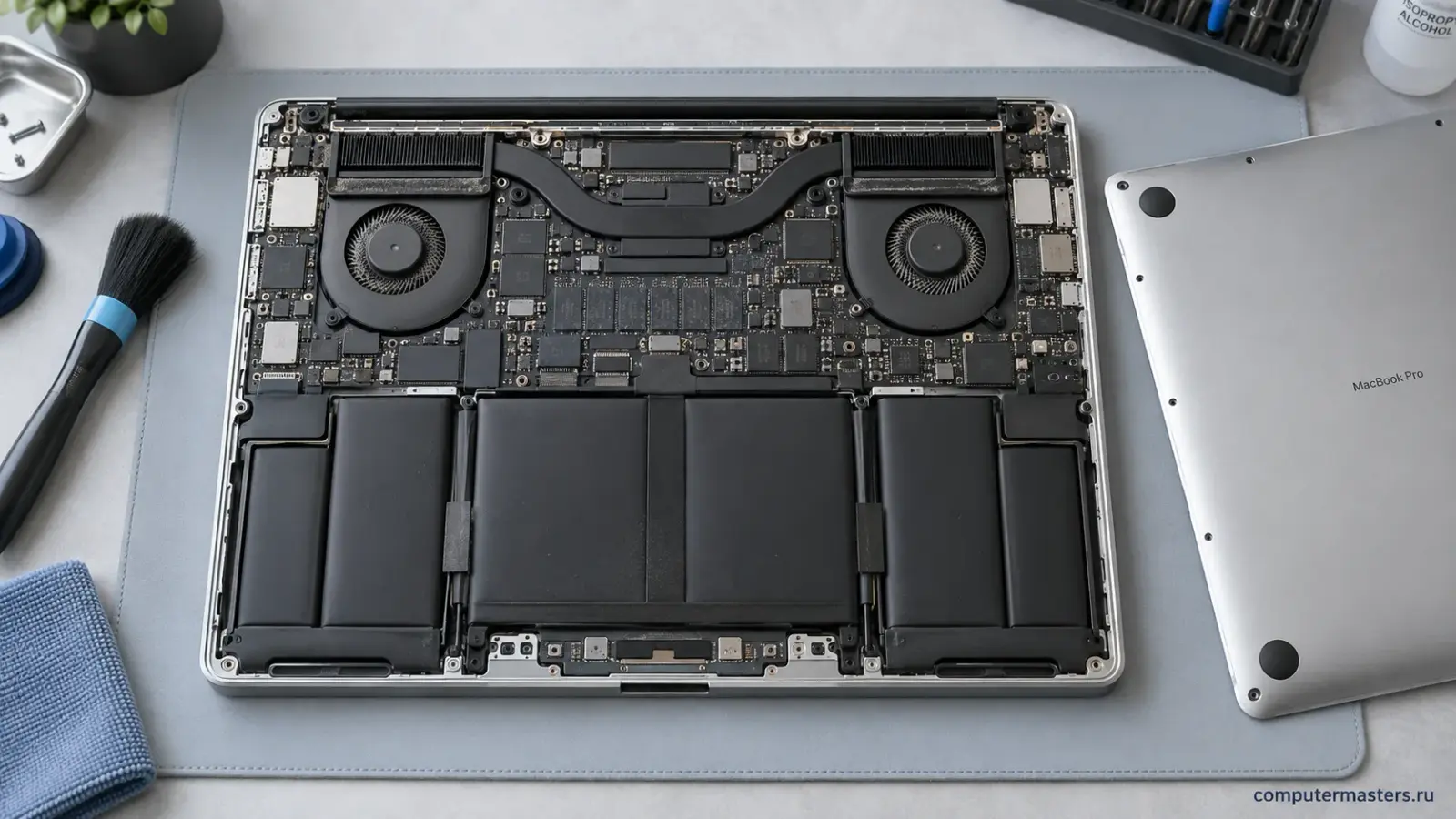 Открытый снизу MacBook Pro с двумя вентиляторами и пылью на радиаторах, рядом мягкая кисть