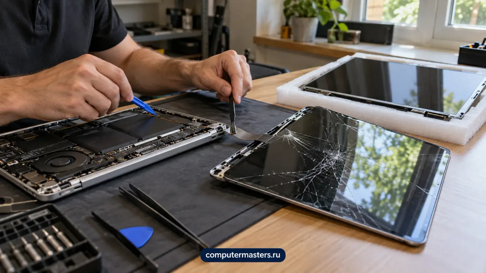 Дисплейный модуль MacBook снят и лежит рядом с корпусом на антистатическом мате