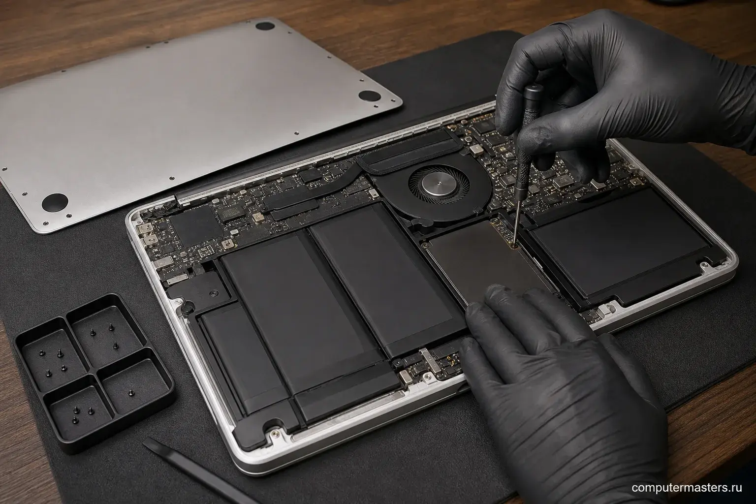 Установка SSD в компьютер Apple: накопитель в руке мастера рядом с открытым корпусом