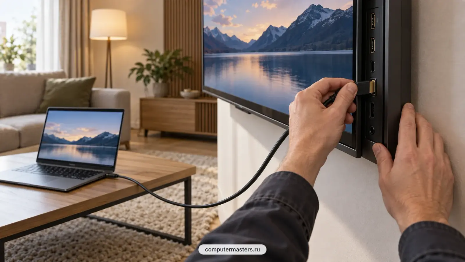 Телевизор на стене, к нему идёт кабель HDMI от ноутбука на журнальном столике