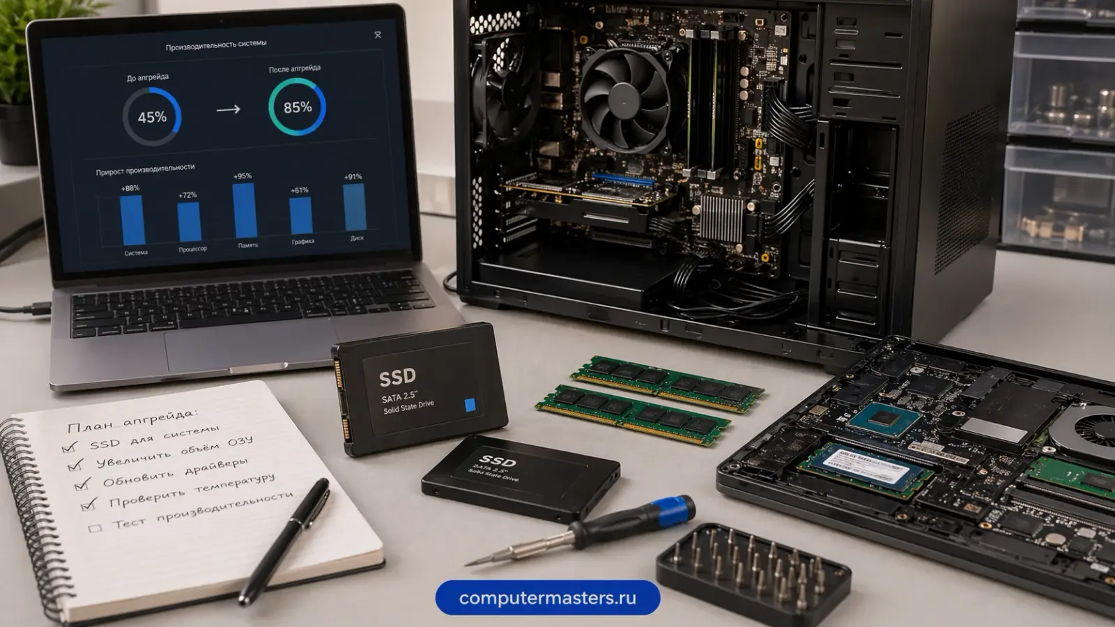 Накопители SSD и модули памяти на столе рядом с открытым ноутбуком, в котором виден установленный модуль M.2