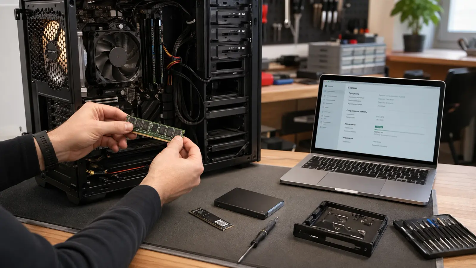 Открытый системный блок на рабочем столе, рядом лежат накопитель SSD и модули оперативной памяти