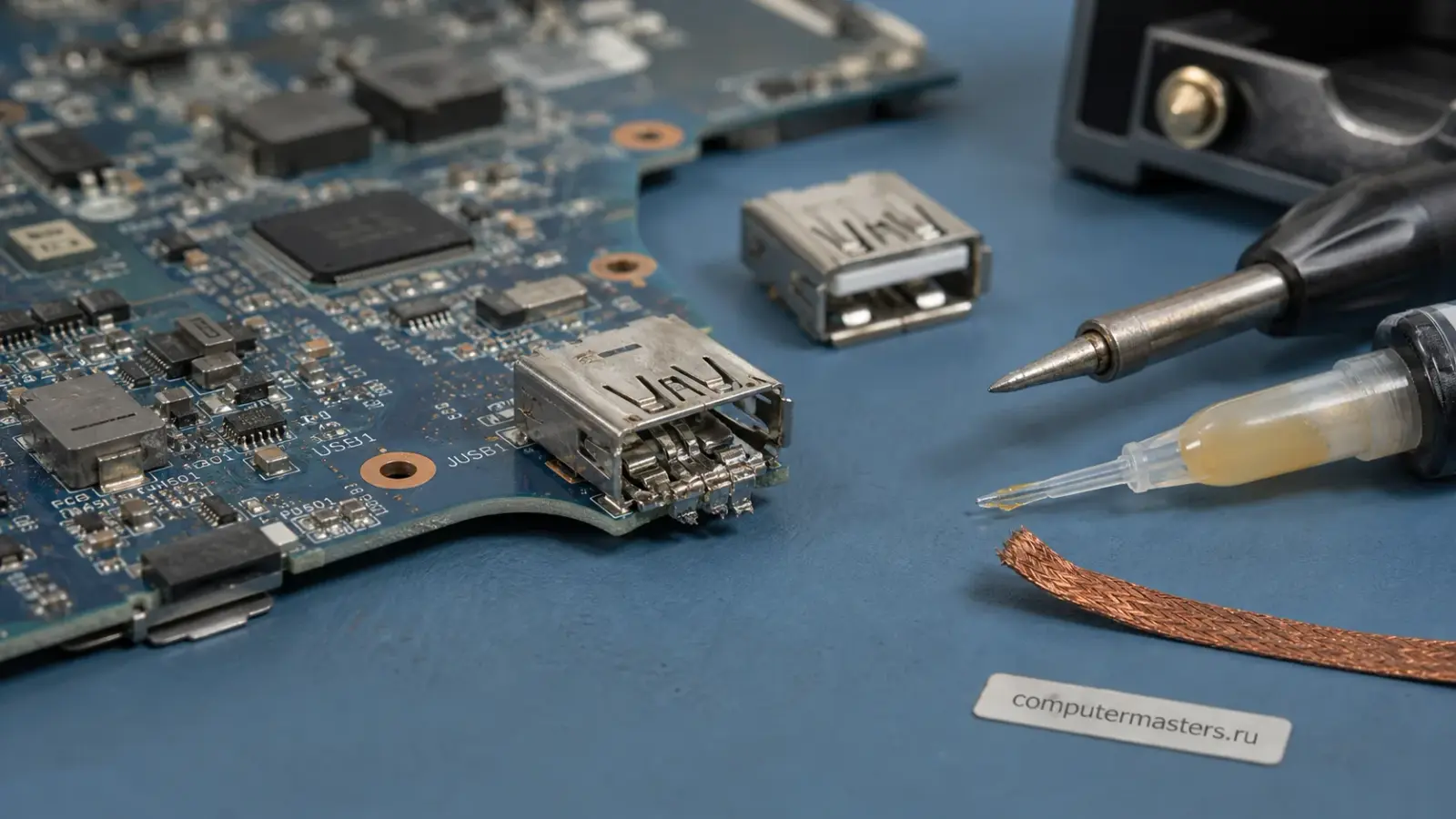 Флешка в разъёме USB на задней стенке системного блока, рядом рука мастера