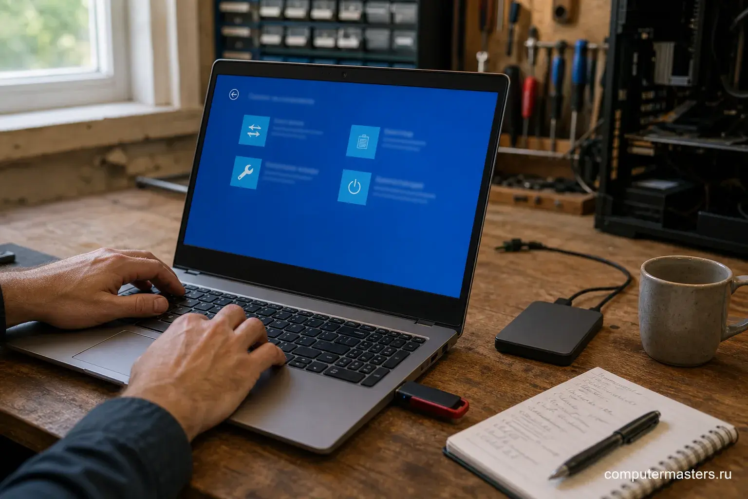 Компьютер с экраном восстановления Windows, мастер работает с загрузочного носителя
