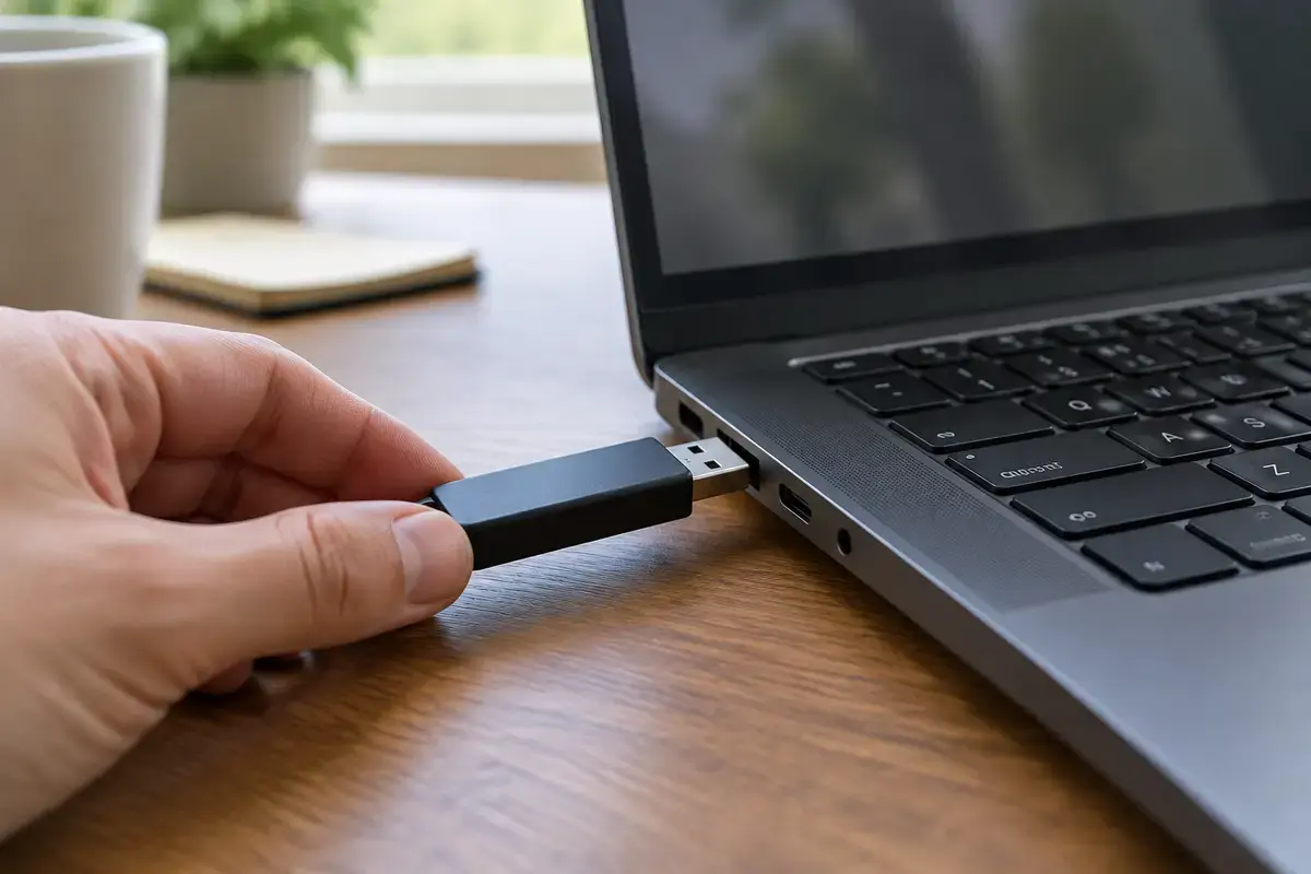 Флешка без надписей вставляется в боковой USB-порт тёмно-серого ноутбука на деревянном столе