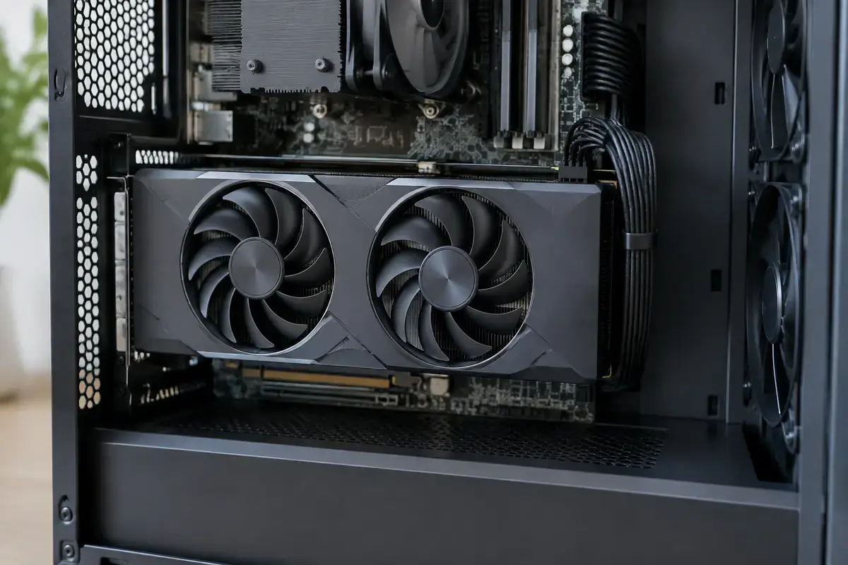 Видеокарта с двумя вентиляторами установлена в слот PCIe в открытом корпусе компьютера, рядом аккуратные чёрные кабели