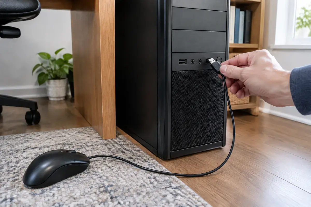 Рука вставляет штекер проводной мыши в USB-порт на передней панели системного блока, мышь лежит на ковре
