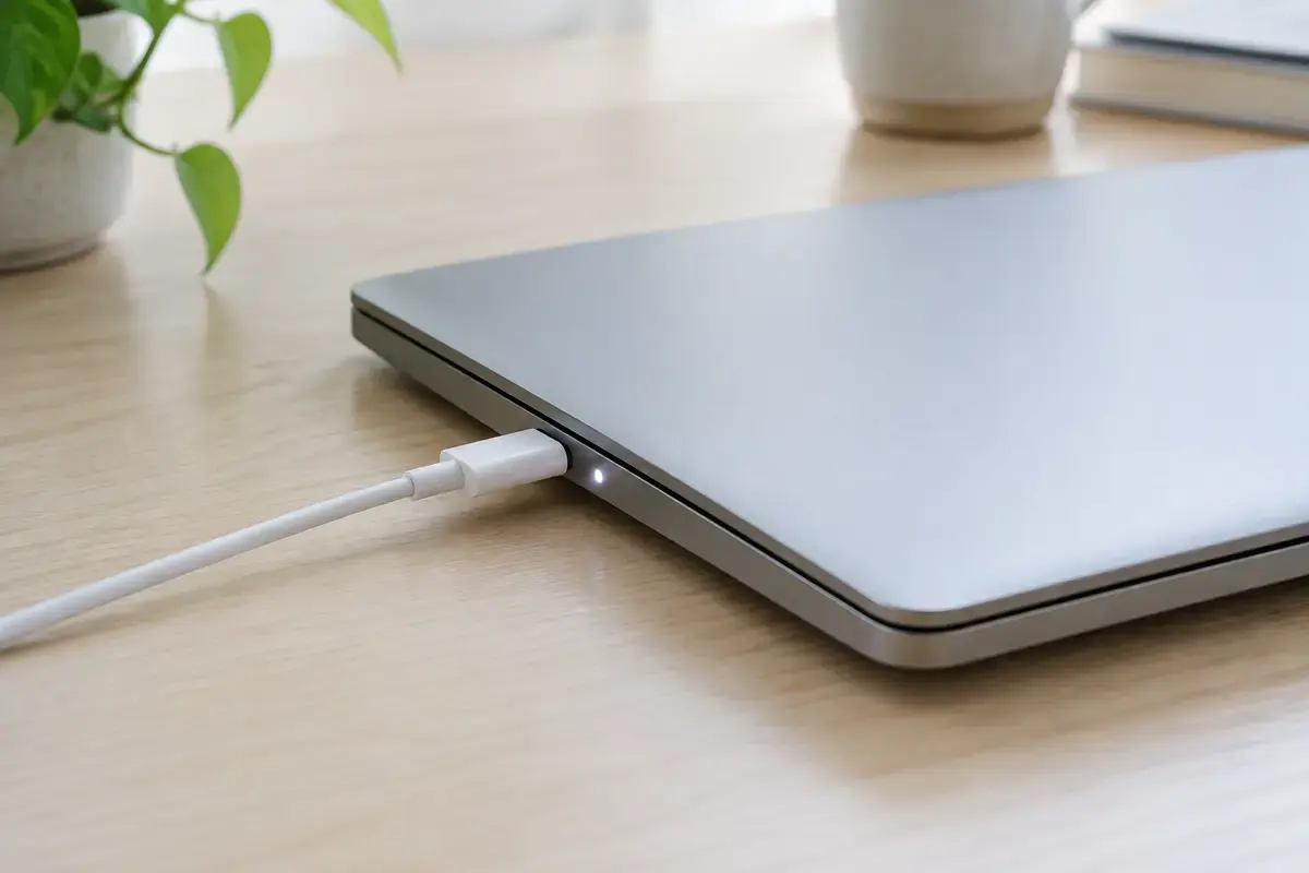 Закрытый серебристо-серый тонкий ноутбук, белый кабель USB-C вставлен в боковой порт, рядом светится индикатор