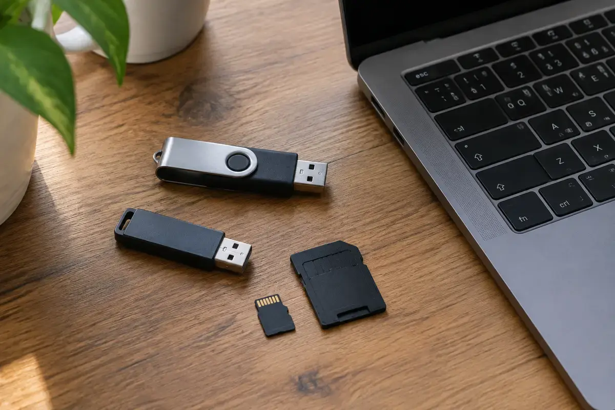 На деревянном столе лежат две USB-флешки, карта microSD с переходником и край серого ноутбука