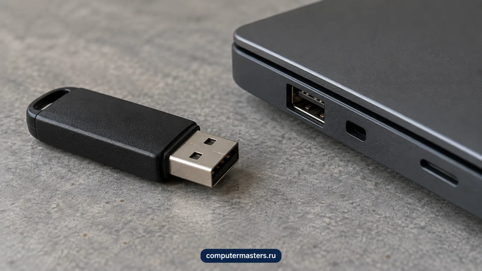 USB-флешка с металлическим разъёмом лежит на серой поверхности рядом с портом закрытого ноутбука