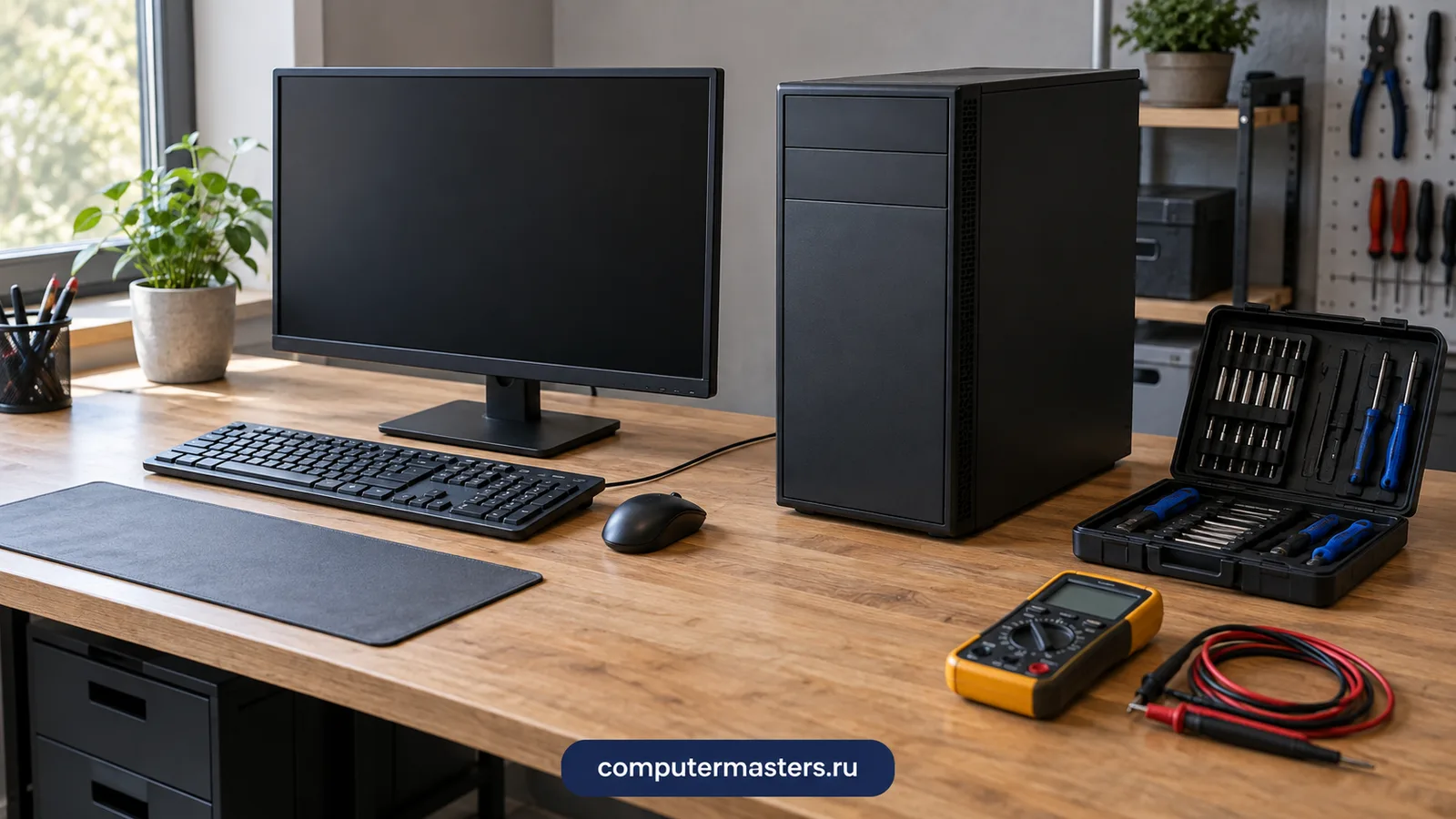 Компьютерный стол: монитор, клавиатура, системный блок рядом с жёлтым мультиметром и набором отвёрток