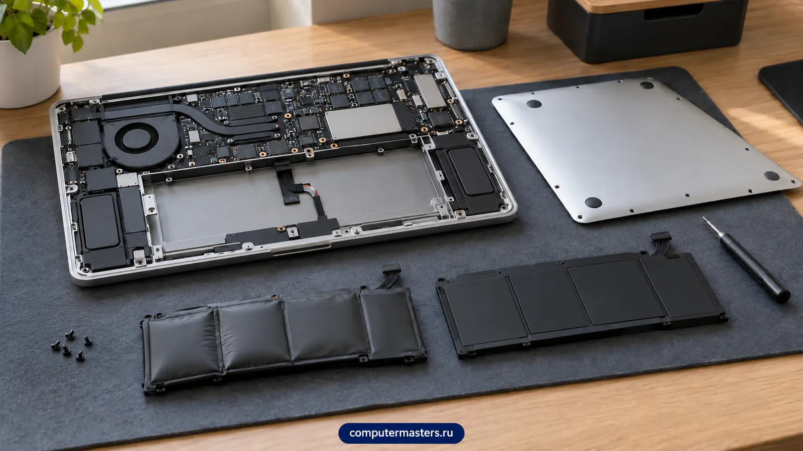 MacBook со снятой нижней крышкой на коврике мастера: рядом лежат вздутый и новый аккумуляторы и пластиковые инструменты
