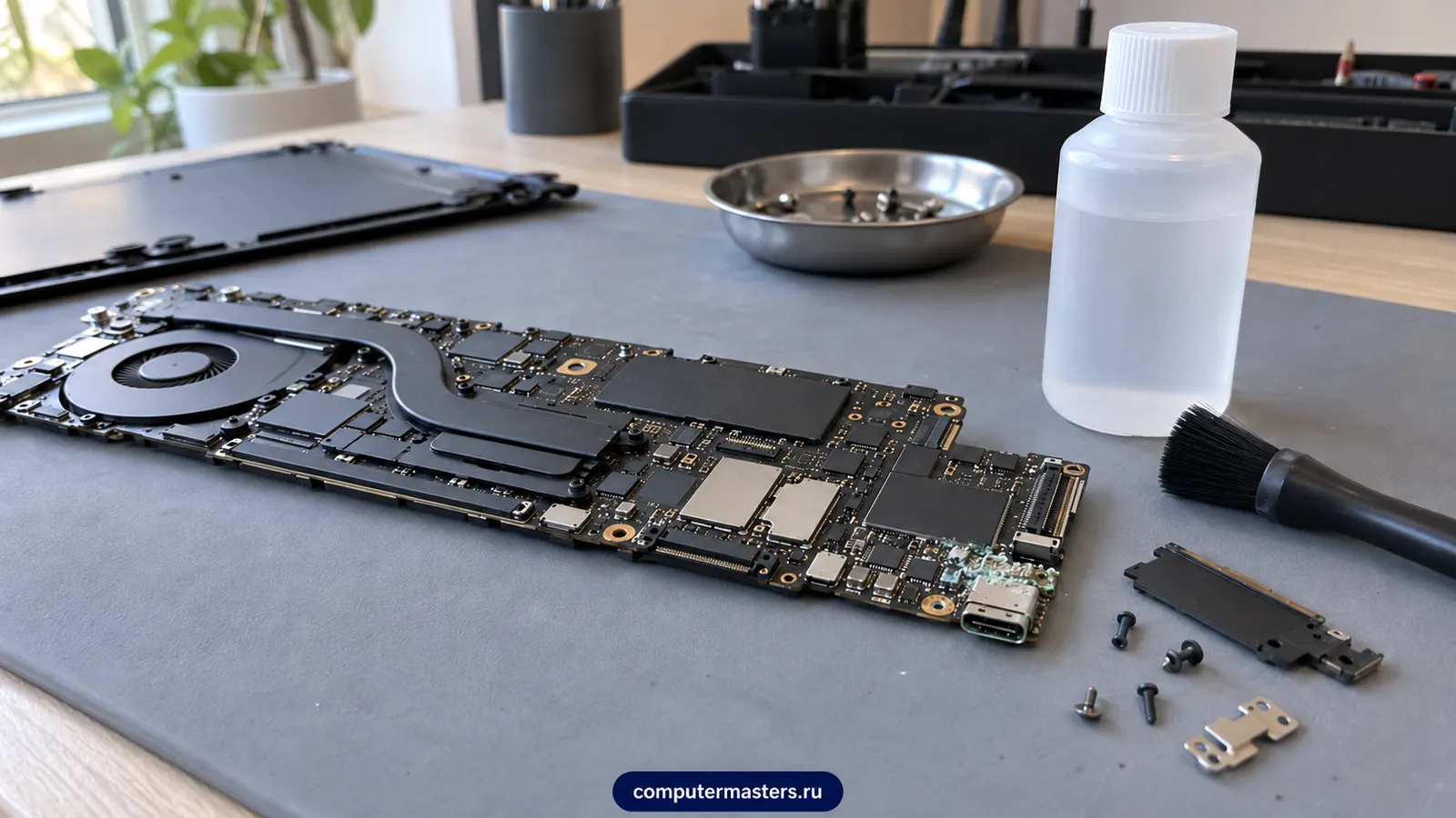 Плата MacBook на тёмном коврике рядом с бутылочкой промывочной жидкости, кистью и лотком с винтами; на плате видны следы налёта