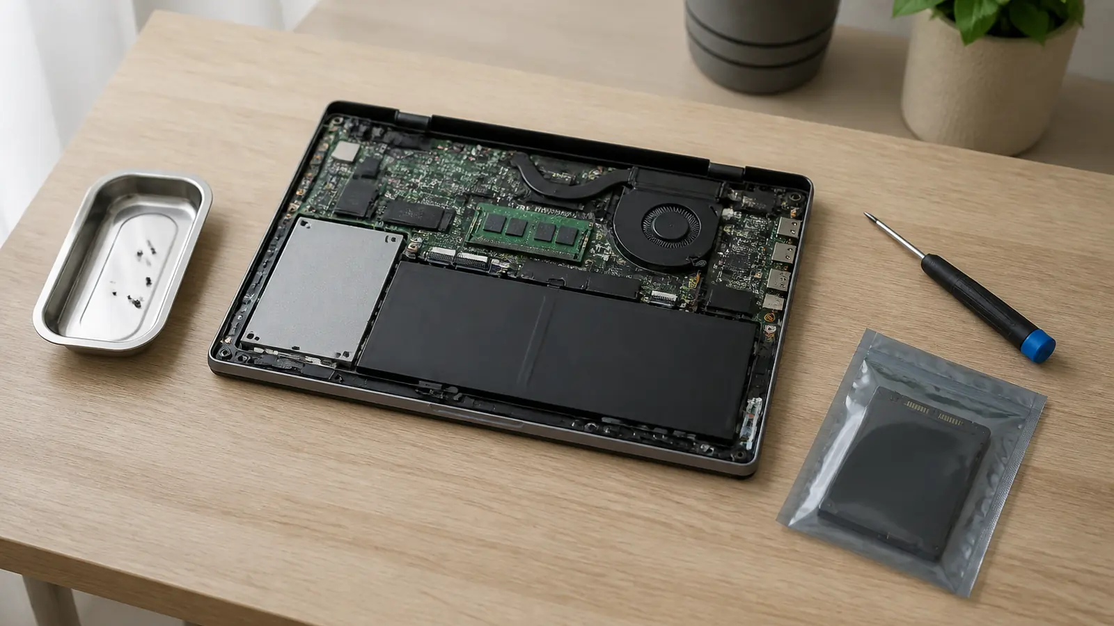 Ноутбук со снятой нижней крышкой на деревянном столе, рядом новый SSD в антистатическом пакете и отвёртка