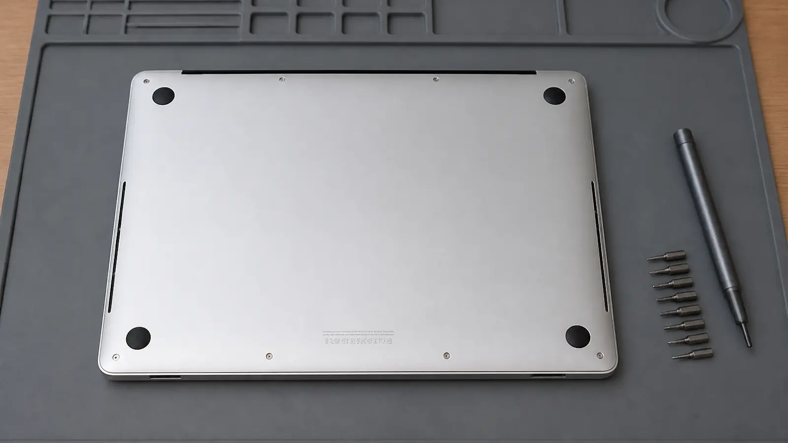 MacBook лежит дном вверх на тёмной подложке: серебристая нижняя крышка с четырьмя резиновыми ножками и мелкой гравировкой