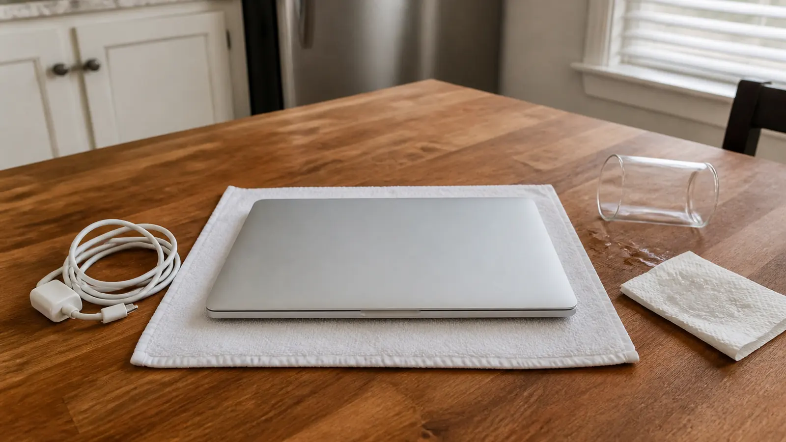 Закрытый MacBook лежит на белой салфетке на деревянном столе, рядом опрокинутый стакан и зарядный кабель