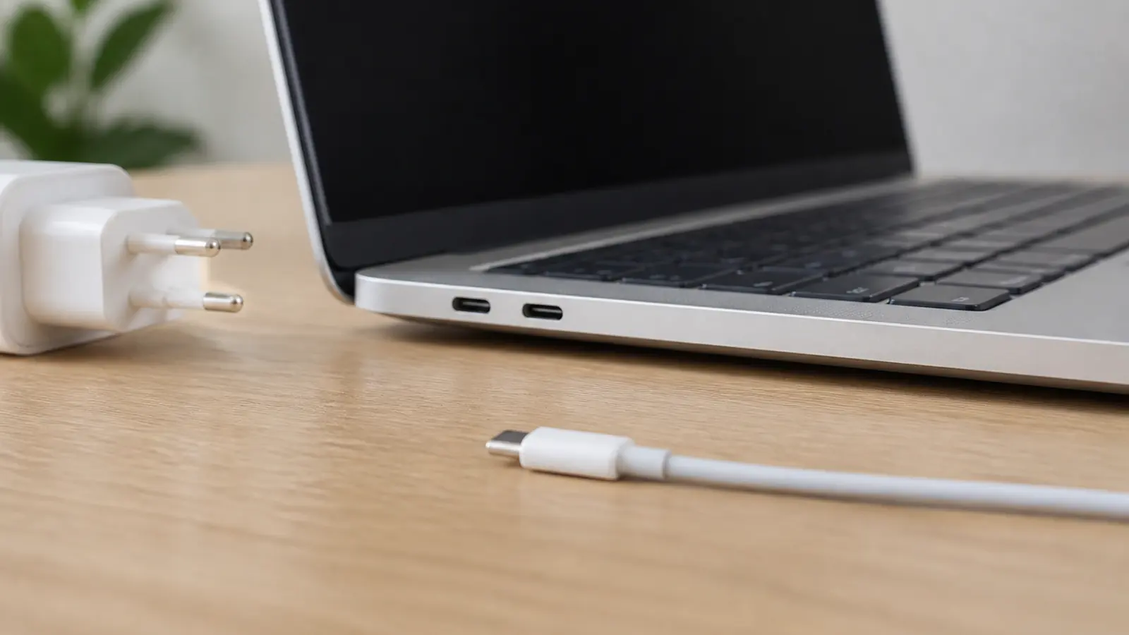 Левый бок открытого MacBook: два порта USB-C, рядом лежит белый кабель с вилкой для розетки