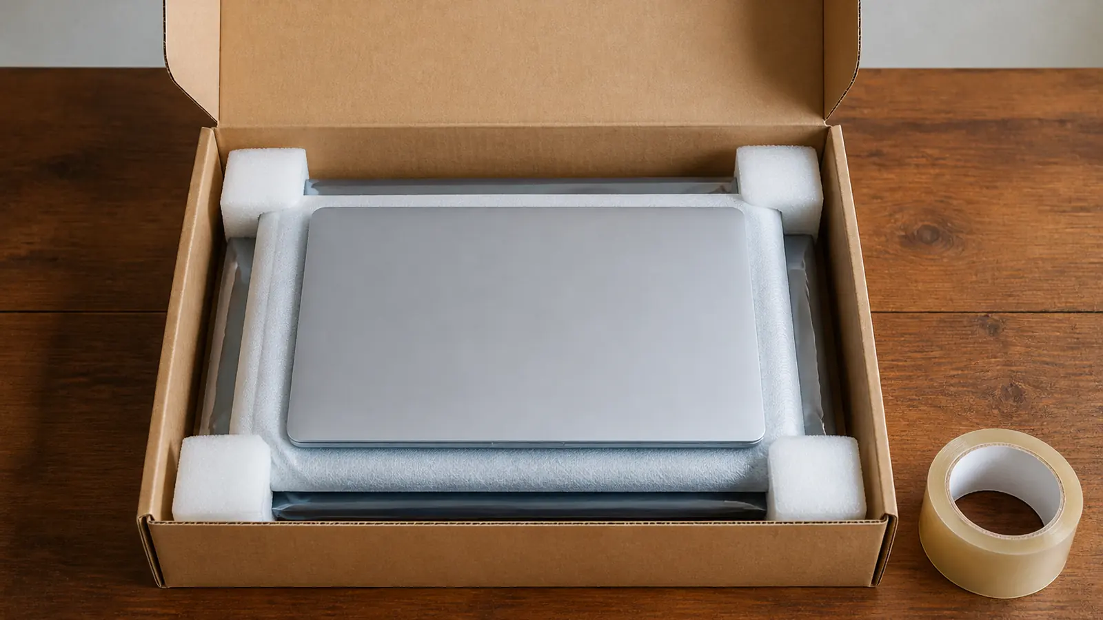 MacBook лежит в картонной коробке с пенопластовыми углами на деревянном столе, рядом рулон скотча