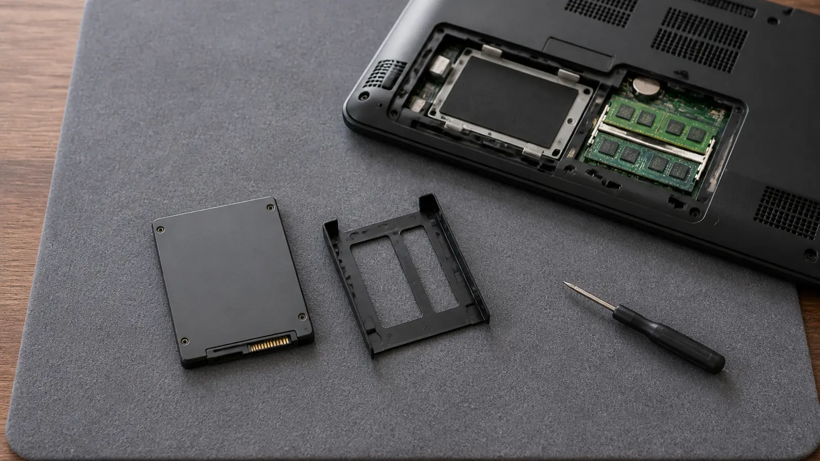 Накопитель SSD 2,5 дюйма и пластиковая рамка для него лежат на тёмной подложке рядом с открытым корпусом ноутбука