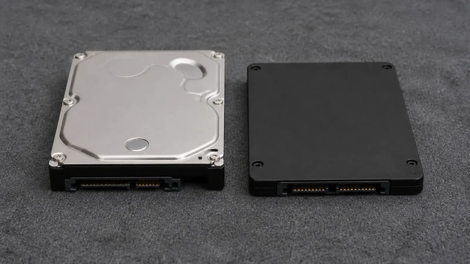 Жёсткий диск и твердотельный накопитель SSD лежат рядом на тёмной поверхности, видны разъёмы подключения